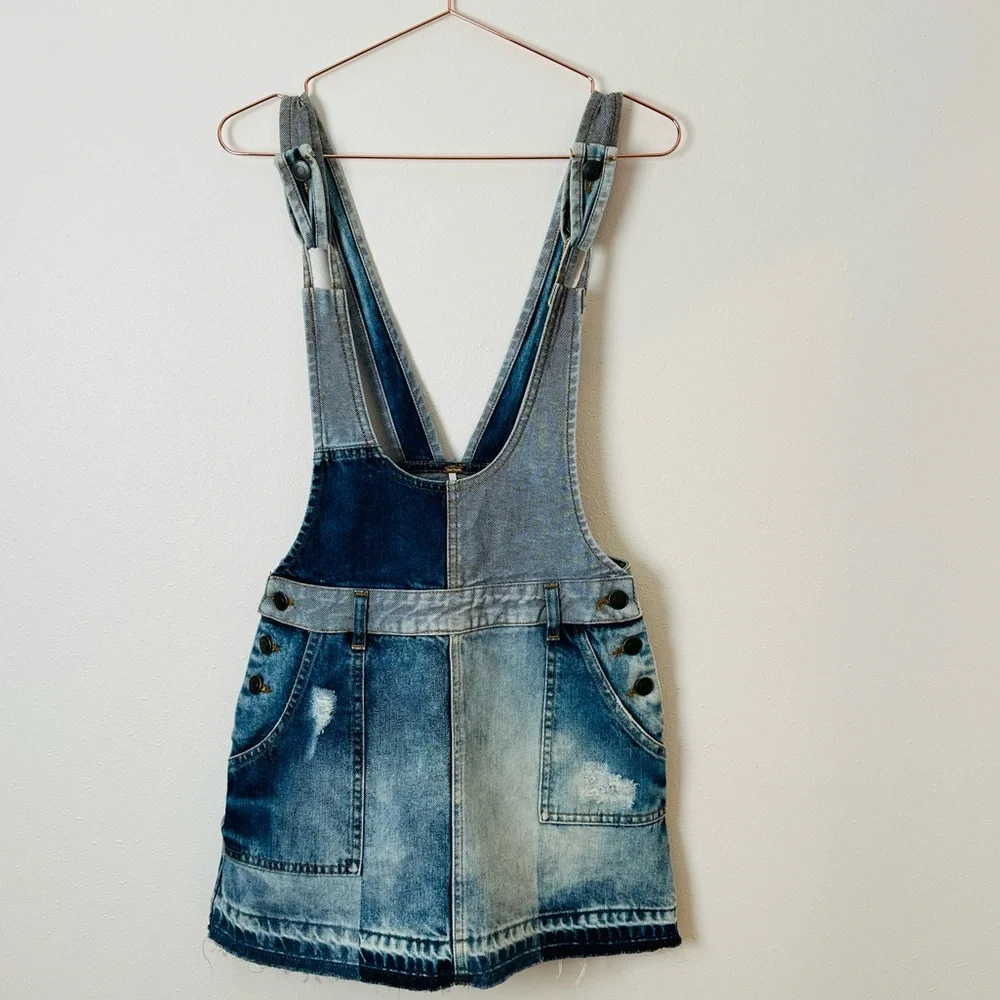 Free People Patchwork Blues Blue Denim Pinafore Overall Jean boho mini Dress - Picture 11 of 13